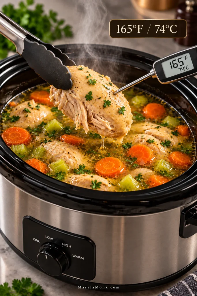 Skinless chicken thigh lifted from a slow cooker with tongs while a thermometer reads 165°F and 74°C; carrots and celery remain in the golden broth.