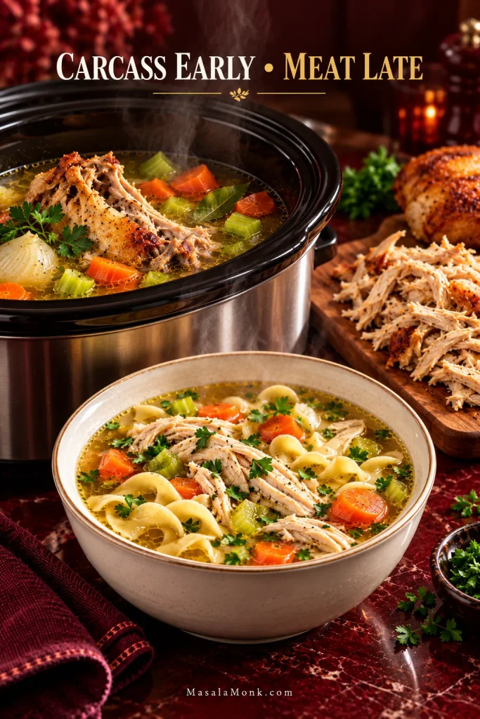 Rotisserie chicken carcass flavoring vegetables and broth in a slow cooker, with shredded cooked chicken kept aside to add near the end; text reads “Carcass Early • Meat Late.”