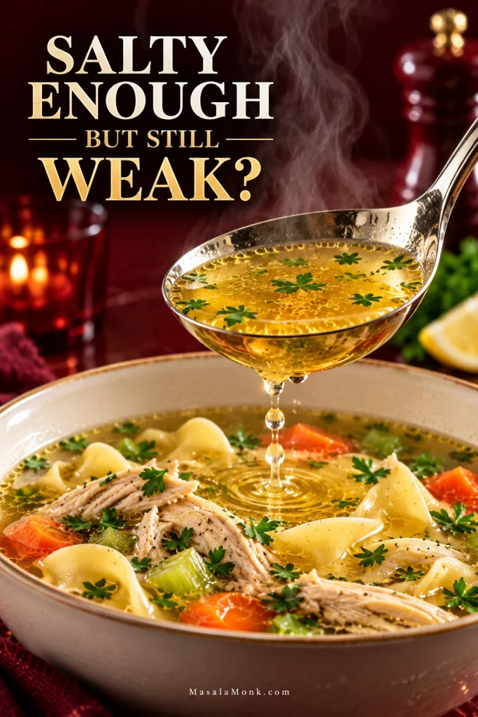 Ladle filled with clear golden chicken broth above a bowl of chicken noodle soup, with the question “Salty Enough But Still Weak?”