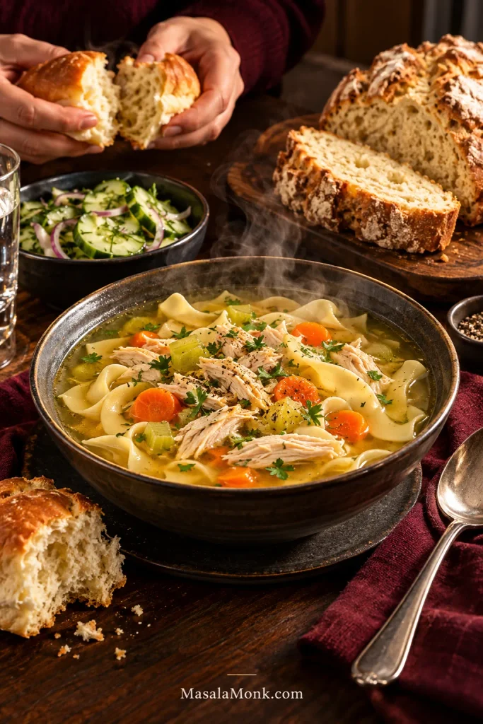 Steaming bowl of chicken noodle soup on a dark wood table with a torn dinner roll, sliced Irish soda bread and a bowl of cucumber salad.