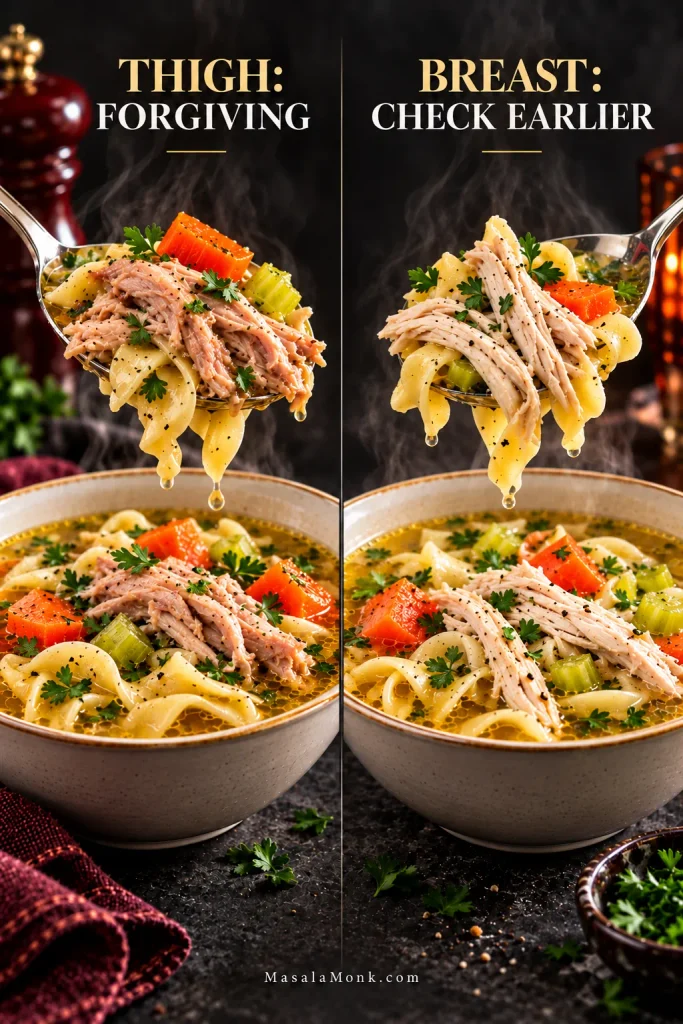 Comparison of broth-cooked shredded chicken thigh and chicken breast over chicken noodle soup, labeled “Thigh: Forgiving” and “Breast: Check Earlier.”