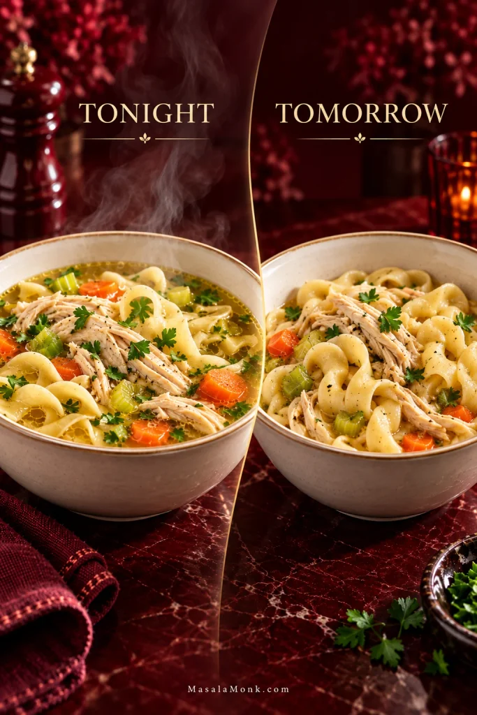Side-by-side bowls labeled Tonight and Tomorrow; the first has plenty of golden broth, while the second has swollen noodles and noticeably less liquid.