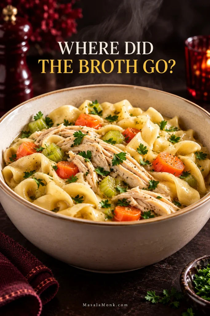 Bowl of chicken noodle soup with very plump wide noodles and little free broth remaining, with the headline “Where Did the Broth Go?”