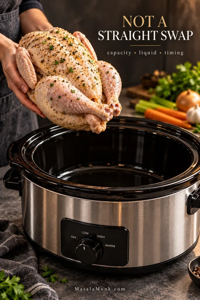 Whole raw chicken held above an empty slow cooker beside the words “Not a Straight Swap” and “capacity • liquid • timing.”