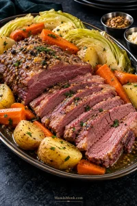 Sliced rosy corned beef brisket served with tender cabbage wedges, carrots and golden potatoes on a dark platter.