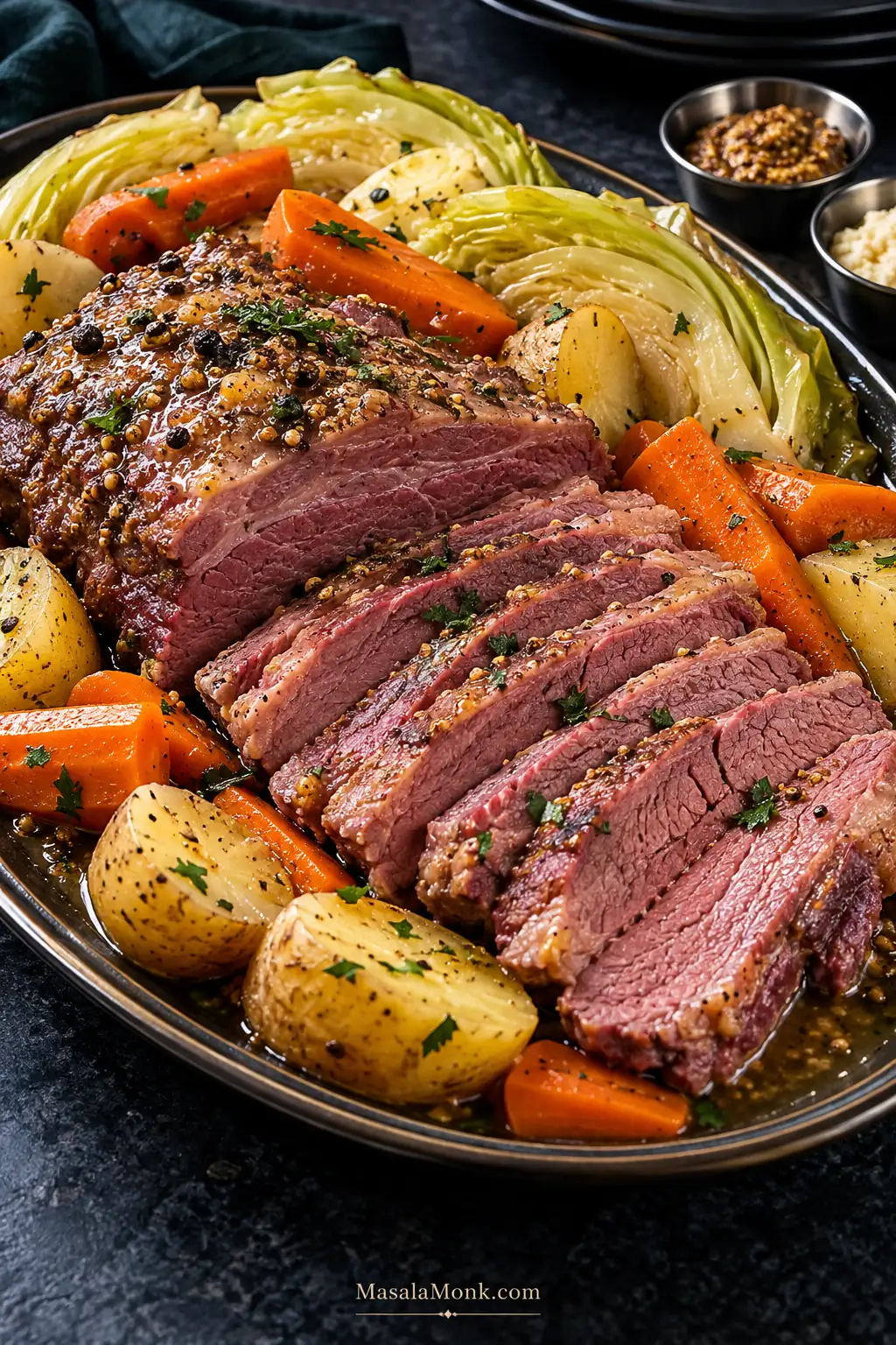 Sliced rosy corned beef brisket served with tender cabbage wedges, carrots and golden potatoes on a dark platter.