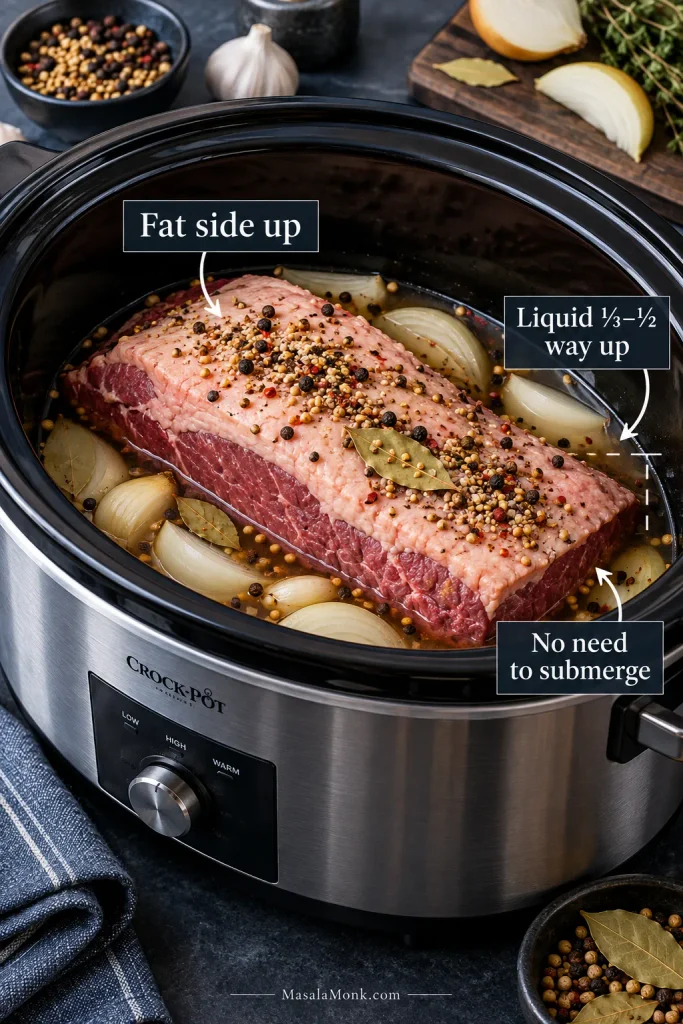 Uncooked corned beef brisket fat-side up in a slow cooker with liquid reaching roughly one-third to halfway up the meat.