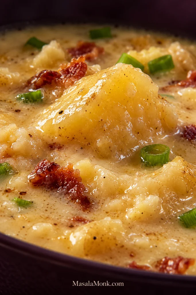 Close-up spoonful of creamy potato soup with a large potato chunk, bacon, and sliced green onion.