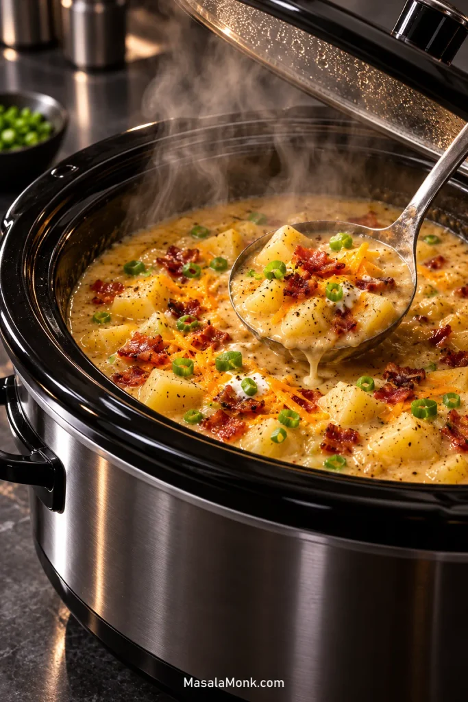 Open slow cooker filled with creamy potato soup topped with potato pieces, bacon, cheddar, and green onions.