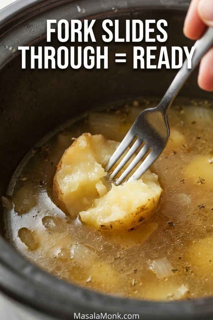 Fork pushed through a large tender potato chunk in the slow cooker, with the words “Fork slides through = ready.”