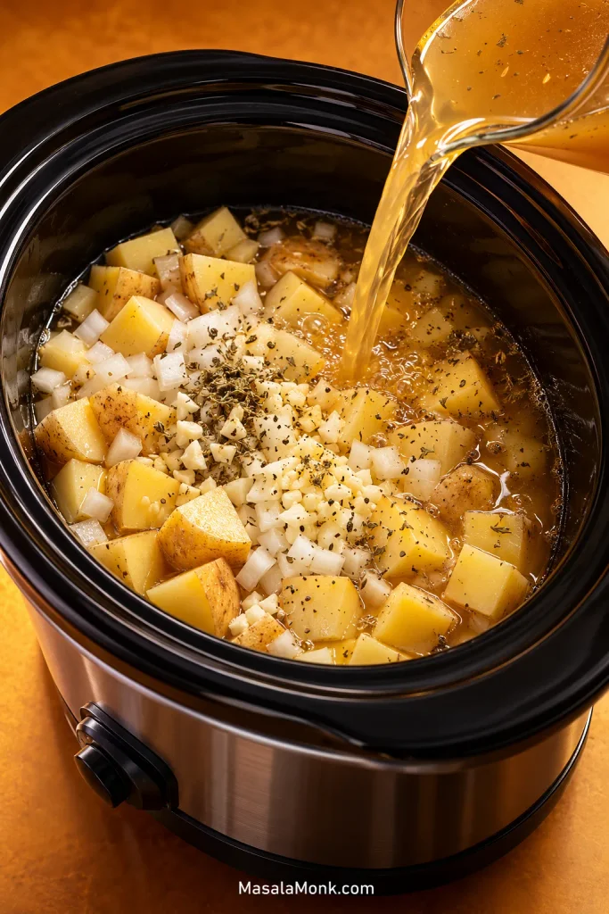 Diced potatoes and onion in a slow cooker as seasoned broth is poured over them.