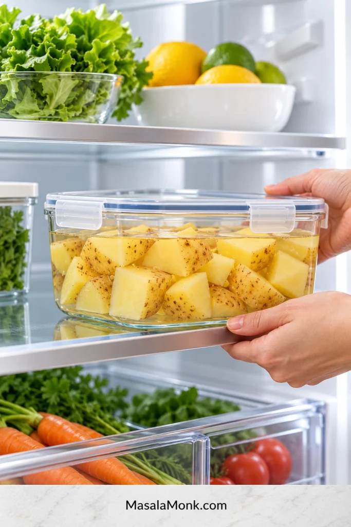 Covered container of cut potatoes submerged in water being placed on a refrigerator shelf.