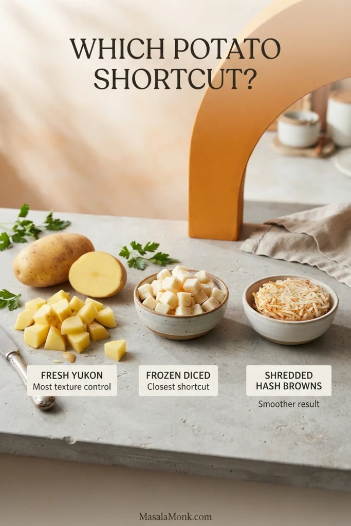Fresh diced Yukon Gold potatoes, frozen diced potatoes, and shredded hash browns displayed side by side for comparison.