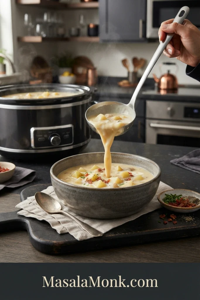 Ladle pouring creamy potato soup with visible potato chunks from a slow cooker into a serving bowl.