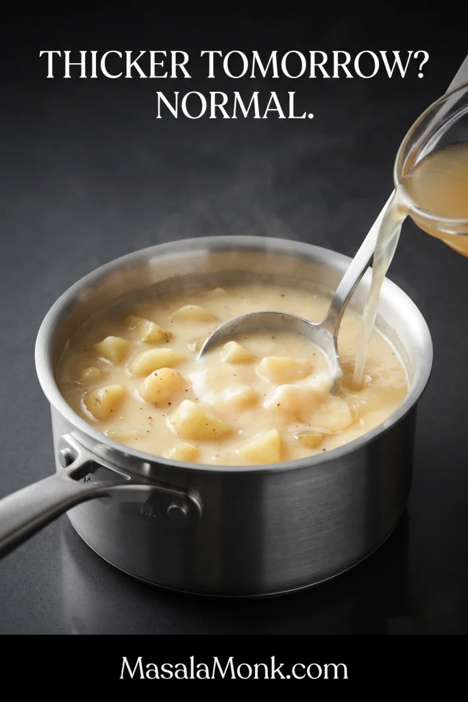 Thick potato soup in a saucepan being loosened with liquid from a small jug, with text reading “Thicker tomorrow? Normal.”