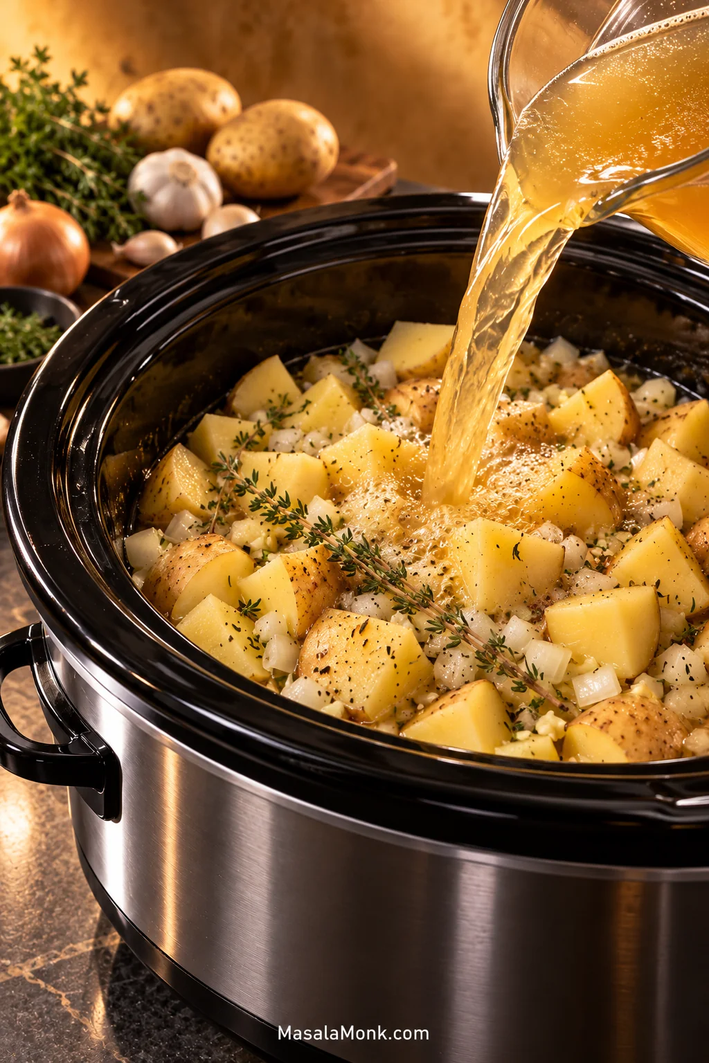 Chicken broth being poured over diced Yukon Gold potatoes, onion, garlic and herbs in a black slow cooker.