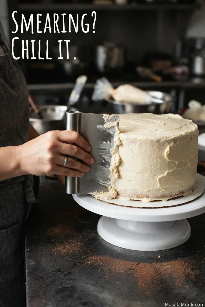 Cake scraper dragging through softened whipped cream cheese frosting on the side of a cake during smoothing.