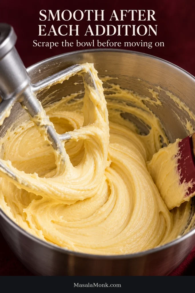 Smooth golden pound cake batter surrounding a mixer paddle, with a spatula resting against the side of the metal bowl.