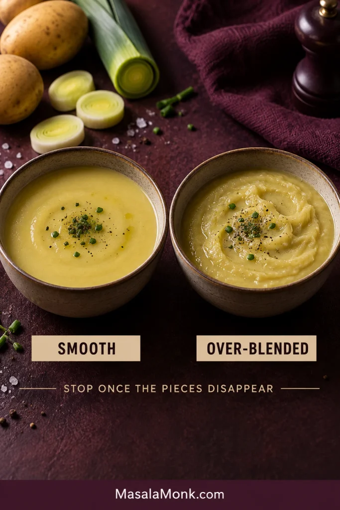 Side-by-side comparison of silky blended potato leek soup and an overly thick, gluey-looking version caused by excessive blending.