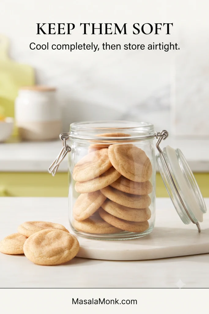 Cooled cinnamon-sugar Snickerdoodle cookies stored in a clear airtight glass container, with additional cookies beside it.