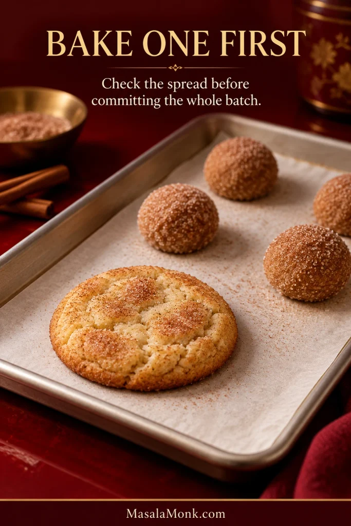 A single baked Snickerdoodle used to check the cookie's spread and thickness before baking the remaining dough.