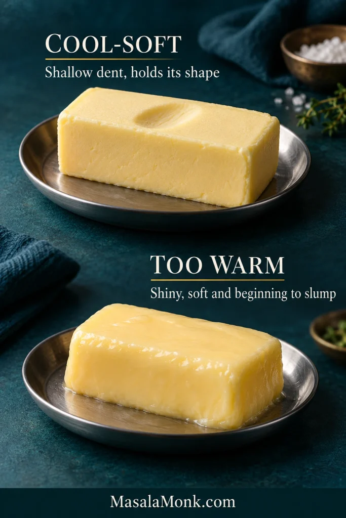 A comparison of cool-soft butter that retains its shape and warmer butter that appears softer and less structured.