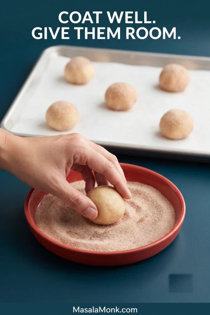 A hand rolling a Snickerdoodle dough ball in fine cinnamon sugar beside a parchment-lined baking sheet with evenly spaced coated portions.