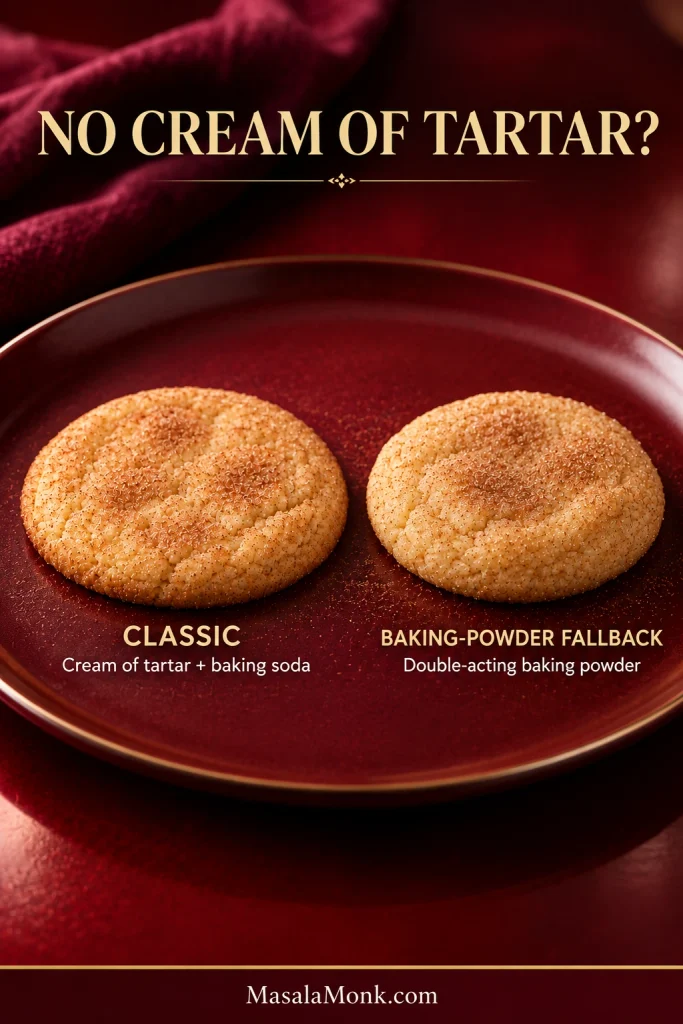 Two Snickerdoodle-style cookies presented side by side to illustrate a classic cream-of-tartar version and a baking-powder substitute.