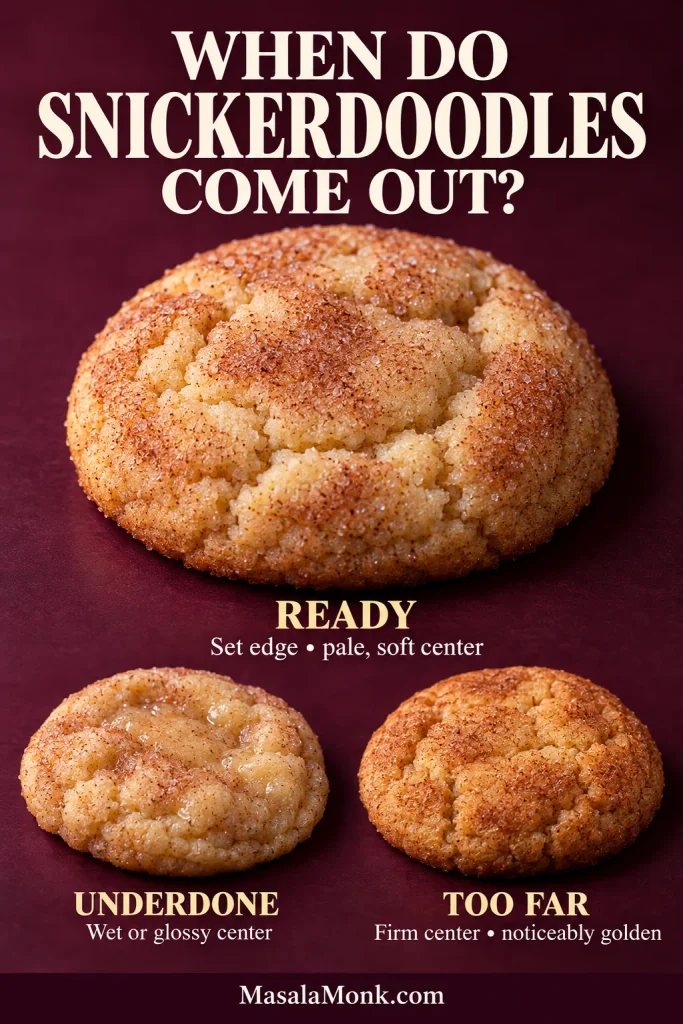 Three Snickerdoodle cookies illustrating different doneness stages, from an underbaked center to a properly set cookie and a more deeply baked cookie.