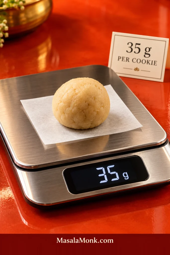 A portion of Snickerdoodle dough being weighed on a digital kitchen scale to reach 35 grams.