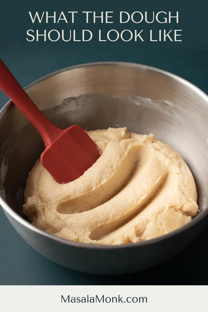 Thick, pale Snickerdoodle dough in a stainless-steel mixing bowl, with a red spatula leaving a defined groove through the mixture.