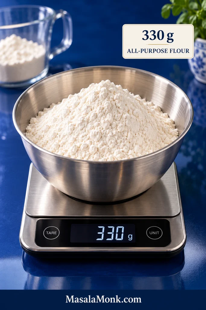 A digital kitchen scale measuring 330 grams of all-purpose flour for Snickerdoodle cookie dough.