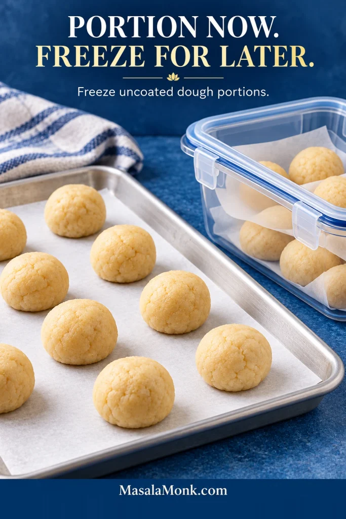 Pale, uncoated Snickerdoodle dough portions arranged on a tray for freezing before transfer to a freezer-safe container.