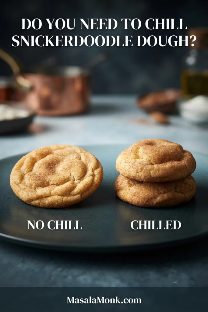 A side-by-side illustration of Snickerdoodles baked from unchilled and chilled dough, showing possible differences in spread and thickness.