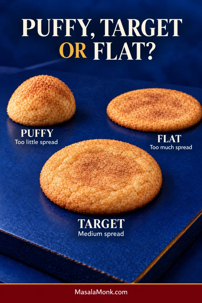 Three Snickerdoodle cookies compared by shape: one puffy, one with medium spread and a softly settled profile, and one that is flatter.