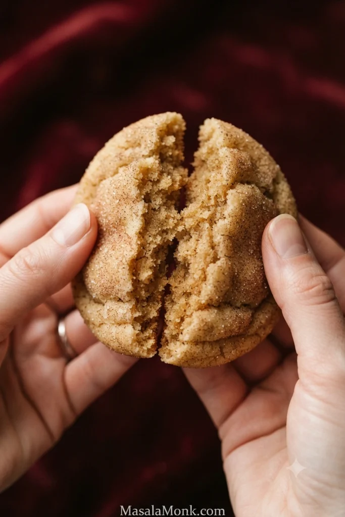 A Snickerdoodle being broken open to reveal a pale, fine-textured interior beneath its cinnamon-sugar coating.