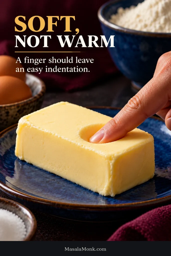 Finger pressing softened butter and leaving a clear indentation while the stick remains matte and holds its shape.