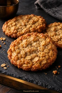 Three plain golden oatmeal cookies on dark slate, with visible rolled oats and a thick center on the front cookie.