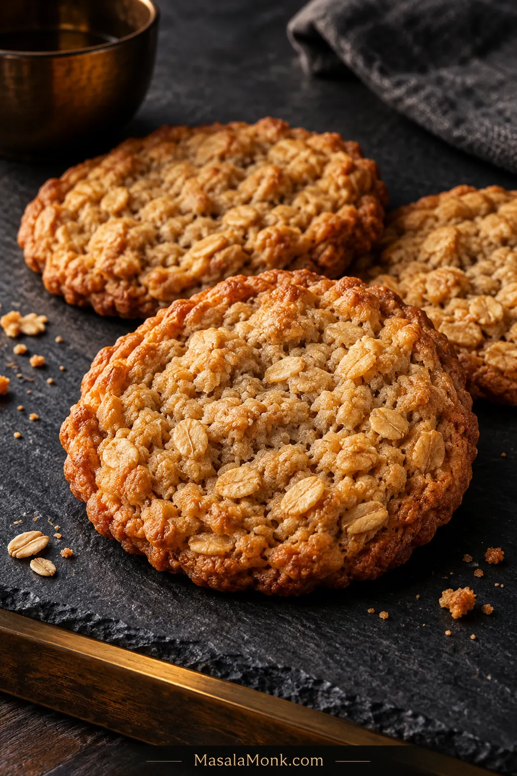 Three plain golden oatmeal cookies on dark slate, with visible rolled oats and a thick center on the front cookie.