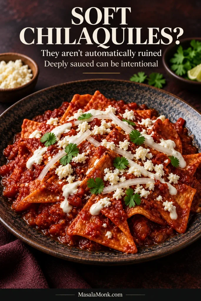 Soft, deeply sauced chilaquiles with low, relaxed tortilla layers, crema and cheese. Graphic text explains that deeply sauced chilaquiles can be intentional.