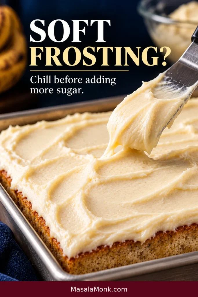 An offset spatula lifts a soft mound of cream cheese frosting over a rectangular banana cake, showing a ridge that begins to slump.