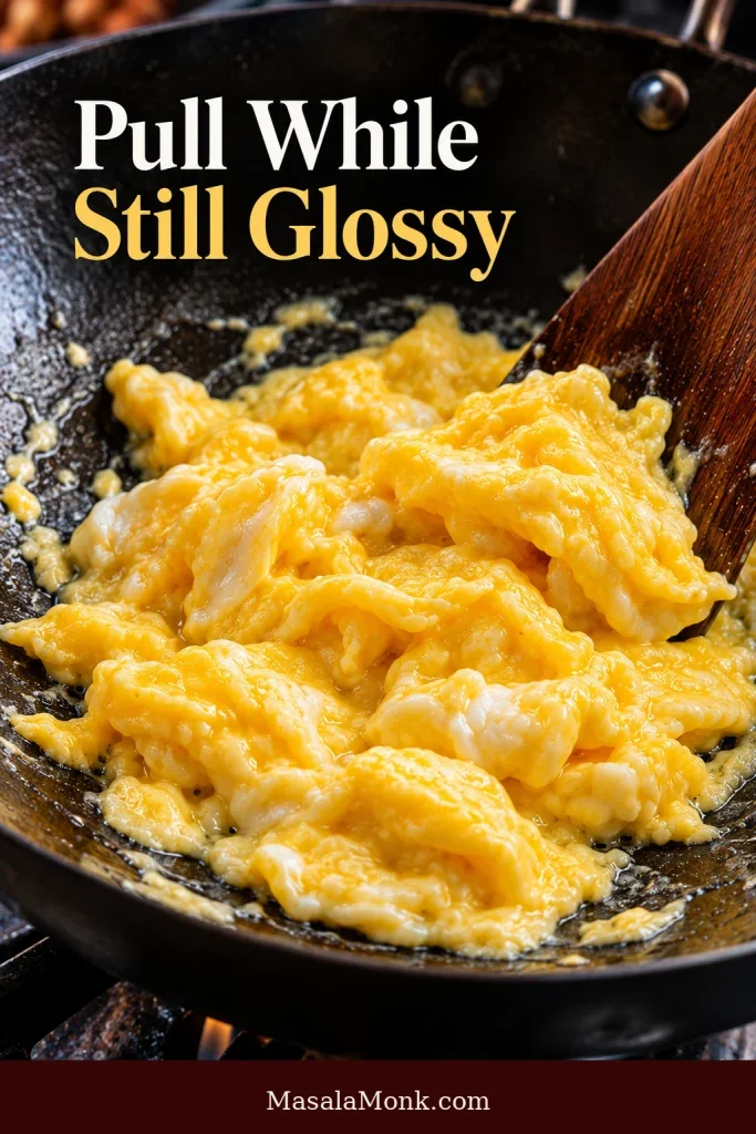 Broad yellow scrambled egg curds in a dark wok, glossy and softly set as a wooden spatula lifts and folds them.