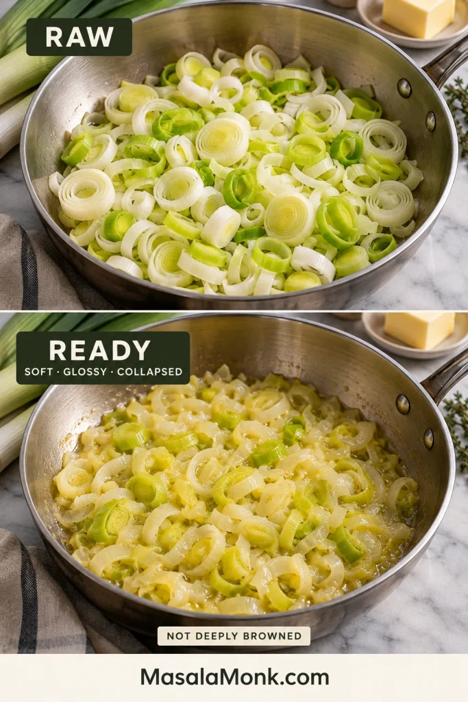 Softened sliced leeks cooking in butter until glossy, collapsed and tender without deep browning.