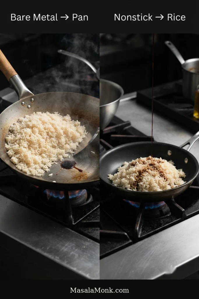 Comparison showing a small amount of soy sauce touching an exposed patch of bare metal beside rice in one pan and a thin soy drizzle landing directly on rice in a nonstick pan.