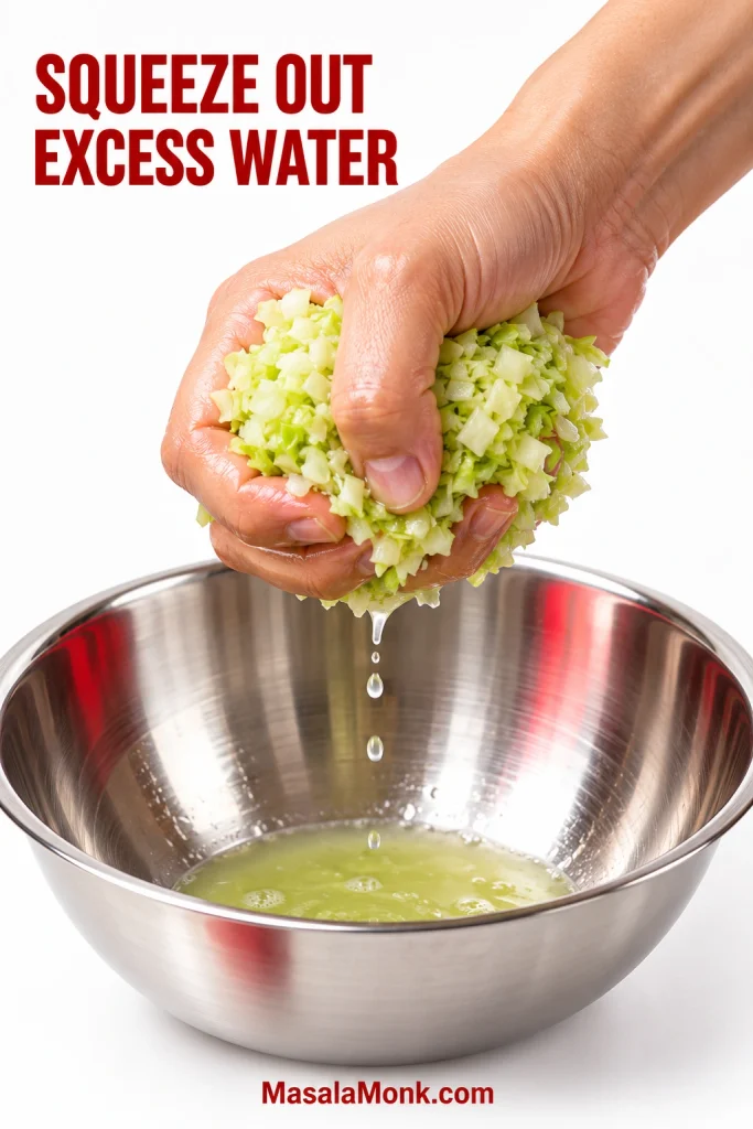 Hand squeezing finely chopped salted cabbage over a stainless-steel bowl, with a few drops of liquid falling from the compressed cabbage.