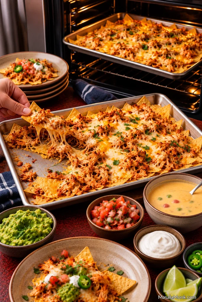 Partly eaten tray of chicken nachos being served in the foreground while a second full sheet pan of nachos cooks in the oven behind it.