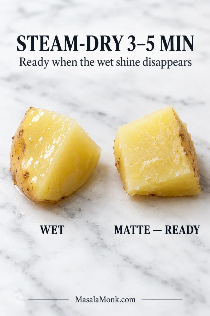 Two parboiled potato chunks side by side, one glossy with surface water and one dry with a matte surface.