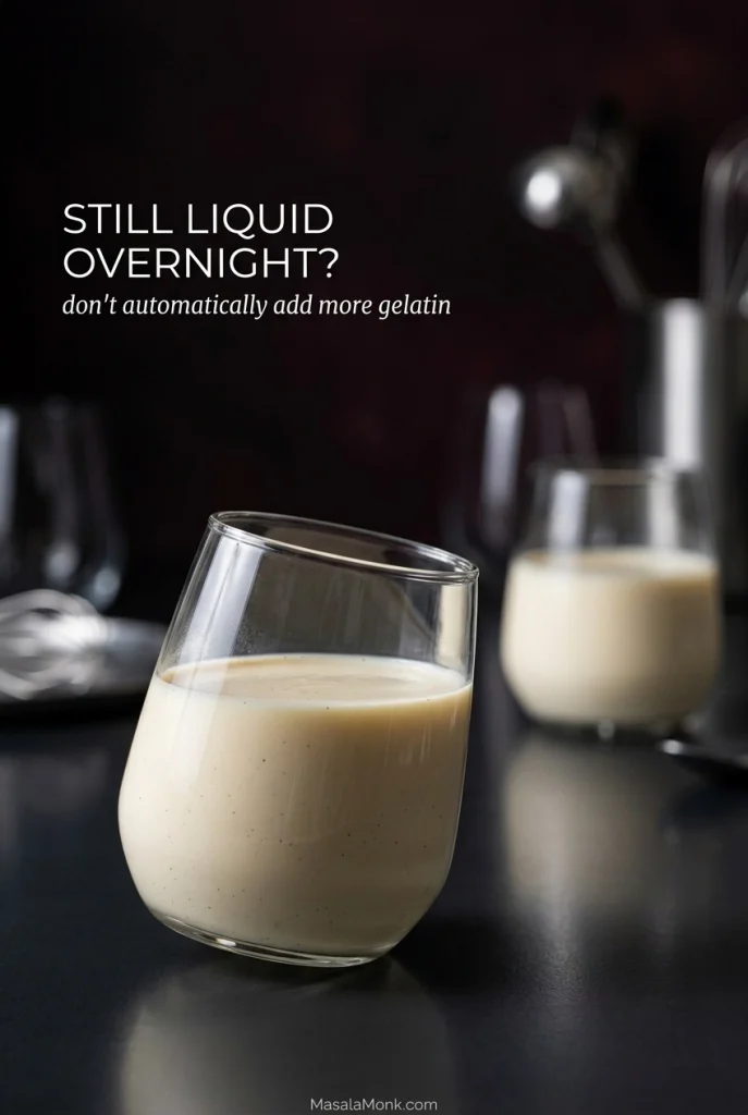Tilted glass of panna cotta that remains liquid after chilling, with a set panna cotta glass in the background.