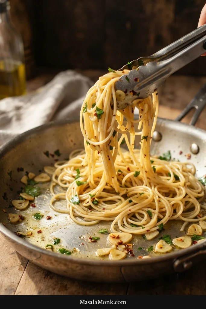 Stainless-steel tongs lifting loose glossy spaghetti from a skillet with pale garlic and a small amount of remaining sauce.