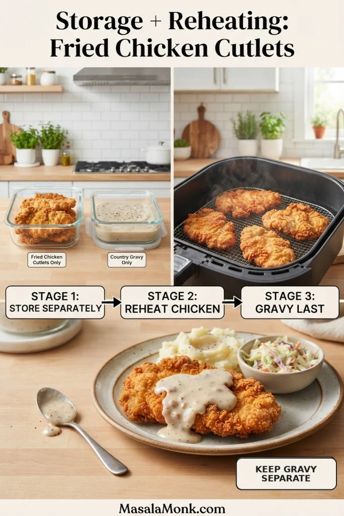 Three-stage storage and reheating guide showing fried chicken and gravy in separate covered containers, chicken being reheated, and gravy added after reheating.